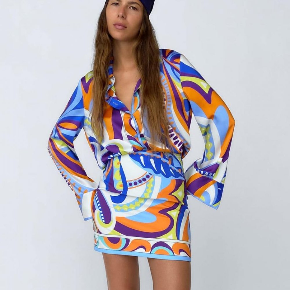 Zara Multicolor Abstract Print Skirt Set - Blue, Orange, Purple, White